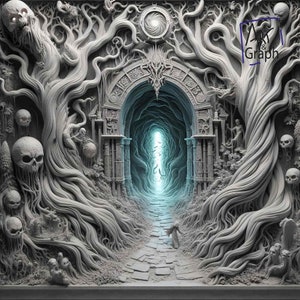 Image en relief à graver au laser  Graver PNG | Illusion 3D | Glowforge | Prêt pour le laser | Halloween | fantome squelette tunel