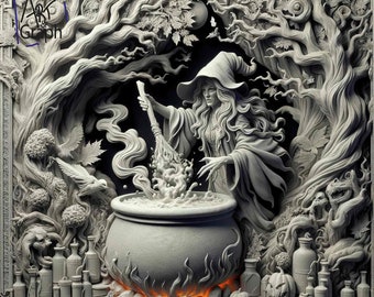 May include: A witch stirs a cauldron with a broom in a 3D sculpted scene. The cauldron is on a fire and surrounded by bottles and a pumpkin. The witch is wearing a pointed hat and a long robe. The scene is set in a forest with trees and vines.