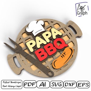 Décoration cadeau fêtes des pères, plaque BBQ PAPA Fichier numérique découpe laser, Svg dxf AI Eps Glowforge gravé au laser, découpe laser.