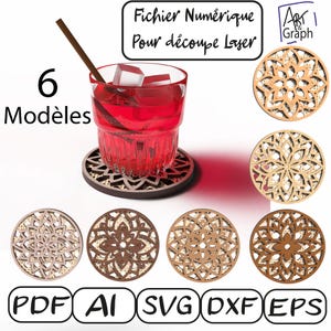 Sous verres, Fichier numérique pour découpe laser 6 modèles, Svg dxf AI Eps pour Glowforge gravé au laser, découpe laser.