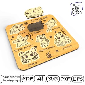 Puzzle enfant animaux de l'océan, Fichier numérique pour découpe laser, Svg dxf AI Eps pour Glowforge gravé au laser, découpe laser.