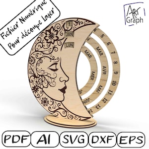 Calendrier perpétuel mystique, Fichier numérique pour découpe laser, Svg dxf AI Eps pour Glowforge gravé au laser, découpe laser.