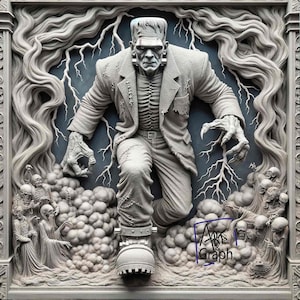 Image en relief à graver au laser  Graver PNG | Illusion 3D | Glowforge | Prêt pour le laser | Halloween | Frankenstein zombi
