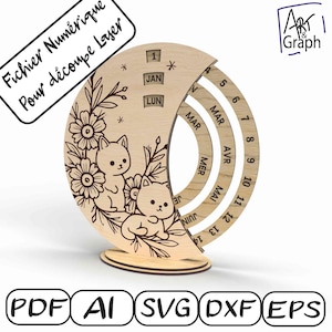 Calendrier perpétuel chatons, Fichier numérique pour découpe laser, Svg dxf AI Eps pour Glowforge gravé au laser, découpe laser.