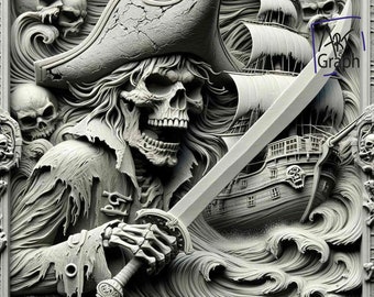 May include: A detailed, three-dimensional sculpture of a pirate skull wearing a tricorn hat and holding a sword. The skull is surrounded by waves and a pirate ship.