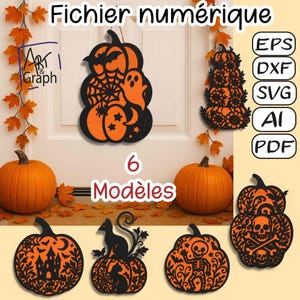 Peut inclure: Fichiers numériques sur le thème d'Halloween, en orange et noir. L'image présente six modèles de citrouilles avec des motifs découpés, tels que des chauves-souris, des fantômes et des toiles d'araignées. Le texte "Fichier numérique" et "6 Modèles" sont visibles. Formats de fichiers : EPS, DXF, SVG, AI, et PDF.