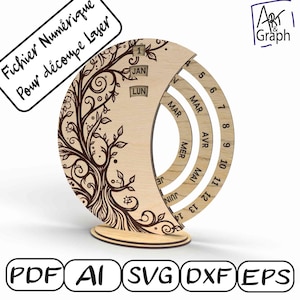 Calendrier perpétuel arbre de vie, Fichier numérique pour découpe laser, Svg dxf AI Eps pour Glowforge gravé au laser, découpe laser.
