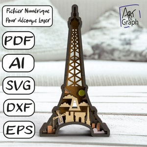 Decoração de presente da Torre Eiffel, arquivo digital para corte a laser, Svg dxf AI Eps para Glowforge gravado a laser, corte a laser.