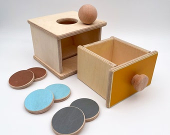 Montessori Infant Box Ball and Coin 2in1, Baby Wooden Toys for 1 Year Old, Preschool Early, Baby First Learning Toys, Object Permanence Box
