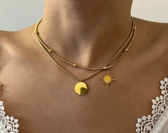 Collier double rangs pour femme en acier inoxydable doré et pendentifs soleil