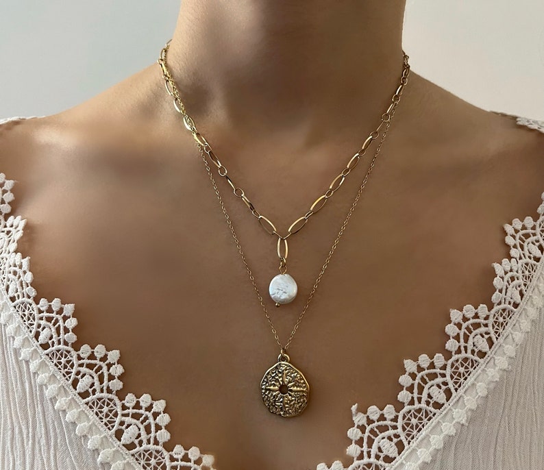 Collana a doppia fila con catene in acciaio inossidabile dorato da donna, diverse file immagine 3