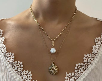 Collana a doppia fila con catene in acciaio inossidabile dorato da donna, diverse file