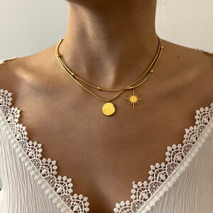 Collier double rangs pour femme en acier inoxydable doré et pendentifs soleil image 2