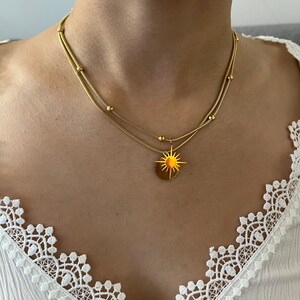 Collier double rangs pour femme en acier inoxydable doré et pendentifs soleil image 9