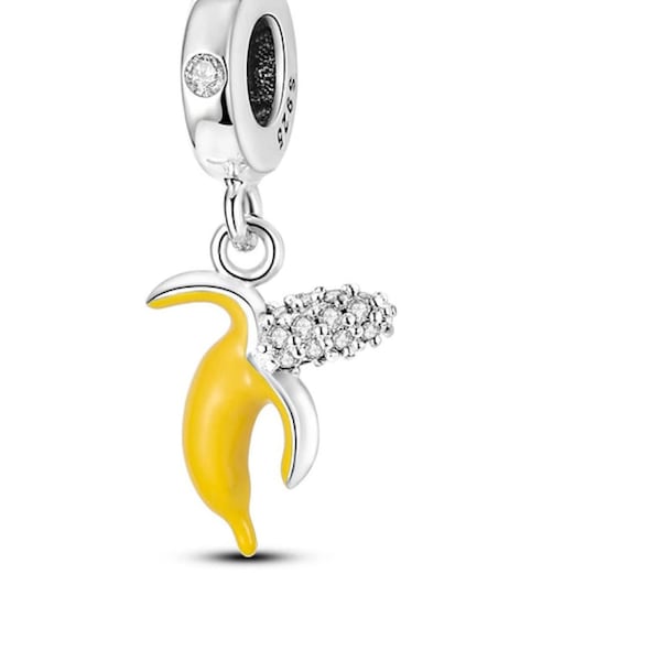 Crystal Banana Charm Peeled Fruit Yellow Pandora Charm Bracelet Compatible Fit Sterling Silver 925 Dangle Bead Mom Mum Sister Wife Daughter
