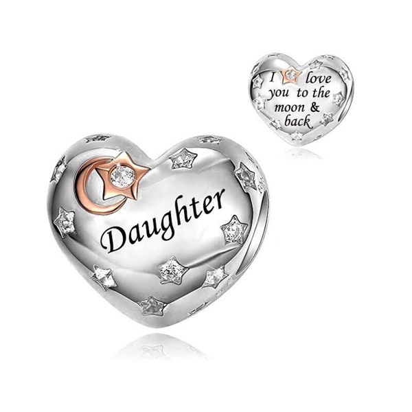 Daughter Charm Bracelet Pandora Fit Charm, Daughter I Love You To The Moon And Back Heart Charm, 925 Sterling Silver Bead, Birthday Gift