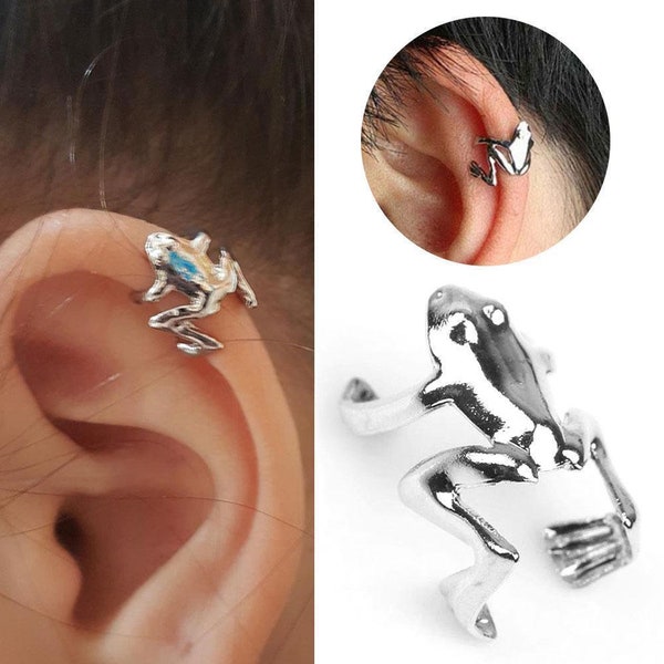 Frog Ear Cuff , Silver Frog Earring Cuff , Climber Frog Stud Ear Cuff ,No Piercing Ear Ring Faux , Gift For Her Cute Valentines Animal Lover