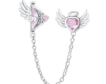 Angel Wing Cupid Love Heart Safety Chain Bedelarmband Compatibel Pandora Fit Charm Sterling Zilver 925 Dangle Bead Moeder Moeder Zus Dochter