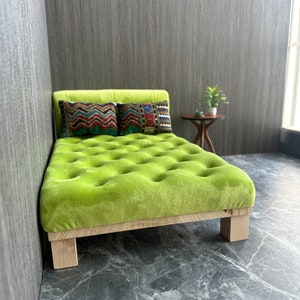 1:6 Scale Dollhouse Double Bed with Backrest, Green double sofa bed, Handmade doll furniture, velvet fabric sofa bed, Miniature couch