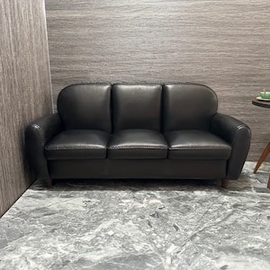 Customizable 1:6 Scale Black leather miniature couch, Mini doll sofa, Handmade Dollhouse Furniture, Minimalist sofa, Display Toy Figure sofa