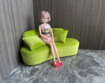 1:6 scale miniature short plush curved corner couch, Handmade dollhouse miniature sofa for 12&quot; dolls, Customizable Doll furniture Gift