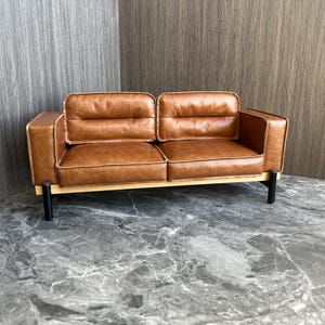 Customizable 1:6 Scale Amber Wax Iron leg Leather Couch, Dollhouse Hand Stitched Leather Sofa, Handmade Display Doll Furniture, Gift for her