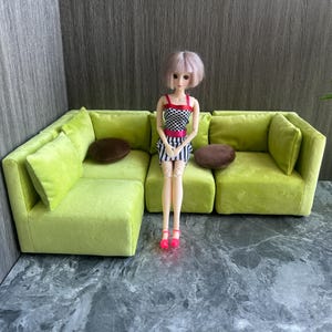 Customizable 1:6 scale green Velvet miniature sofa, Miniature modular couch for 12&quot; Doll, Handmade Miniature Doll Furniture, Gift for doll