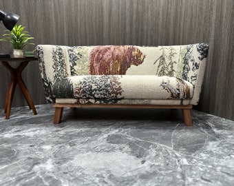 Dollhouse 1:6 scale vintage minimalist couch,  Dollhouse Handmade Furniture,  Brown bear embossed print burlap small sofa, Gift for doll