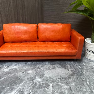 Customizable Vintage Cracked Leather Dollhouse Sofa Set with Tufting Details - 1:6 Scale Miniature Couch and Pillow Combo, Gift for her