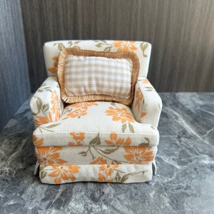 1:6 Scale orange print single seat throne sofa chair, Handmade doll sofa for 12 inch dolls, Dollhouse furniture, Tassel pillow, Gift for her