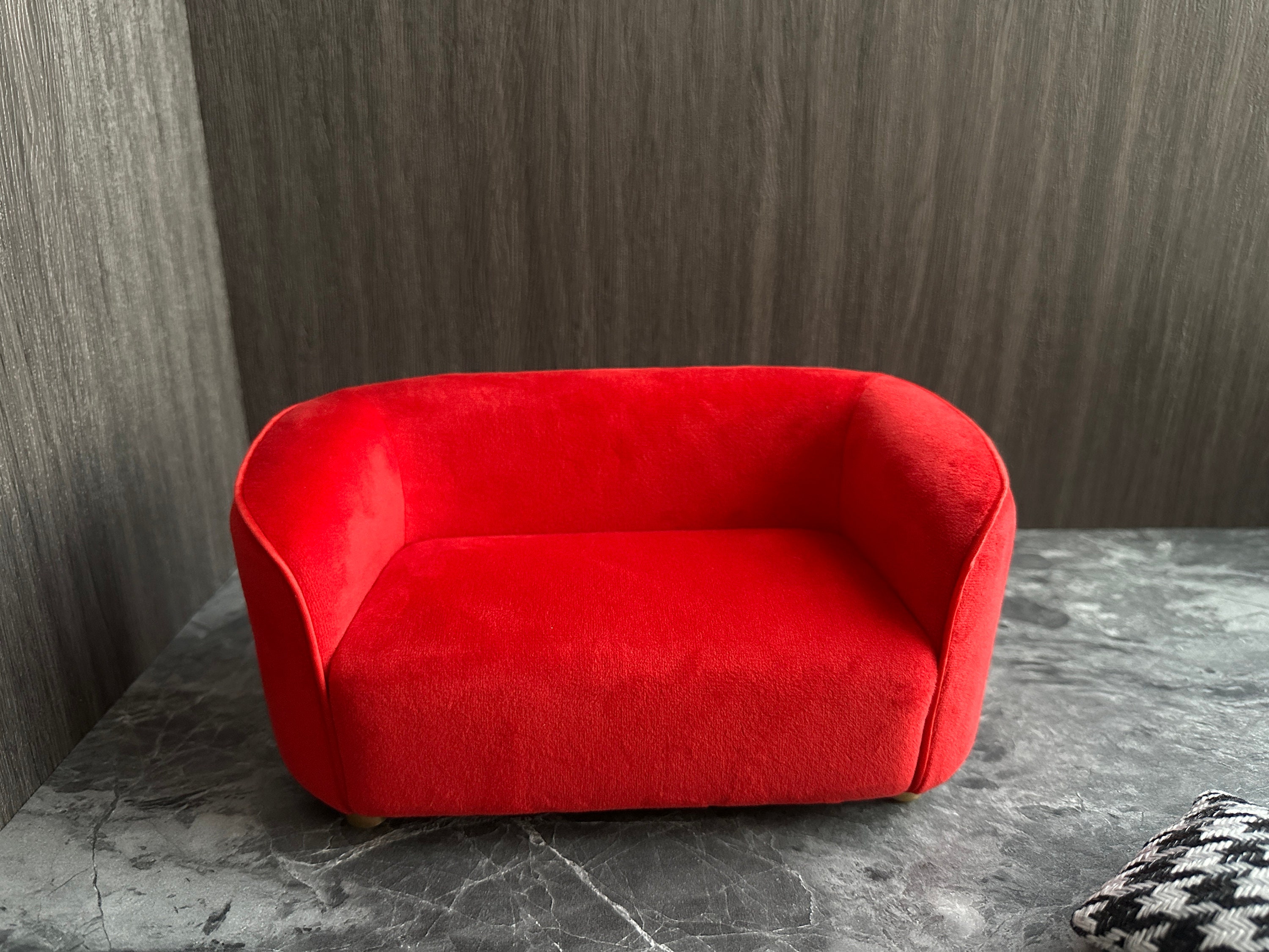 Minimalist couch, 1:6 Scale Miniature couch, Mini Dutch fleece couch, Handmade Dollhouse sofa Furniture, Red loveseat sofa,