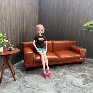 1:6 Scale Brown wax Leather Miniature Sofa for 12-inch Dolls, Customizable Handmade three-seat Miniature Couch, Dollhouse Furniture