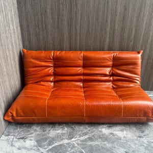 Customizable 1:6 scale Orange-red miniature cushion sofa, Miniature leather couch for 12&quot; Doll, Handmade Mini Doll Furniture, Doll Artwork