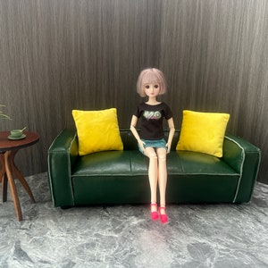 Handmade 1:6 scale dollhouse miniature couch for 12&quot; dolls, Dark green waxed leather doll sofa with goose down filling, Lifelike model sofa