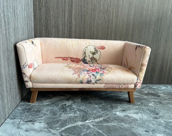 Dollhouse 1:6 scale Pink velvet miniature sofa with flower and bird patterns, Handmade Furniture, Printed miniature couch ,Gift for doll
