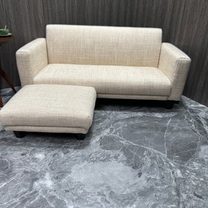 Dollhouse 1:6 1/12 scale Miniature couch with ottoman, Handmade Beige linen mini sofa, Minimalist sofa footstool combination, Gift for dolls