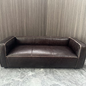 Handmade 1:6 scale dollhouse miniature cowhide couch for 12&quot; doll, Goose down stuffed Black-brown wax  stitched doll sofa, Gift for her