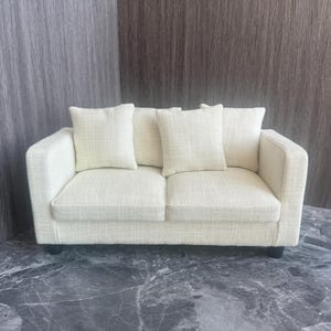 Minimalist loveseat sofa, 1:6 Scale Miniature White linen couch, Dollhouse sofa for 12&quot;dolls, Handmade Doll Furniture,  Gift for her/doll