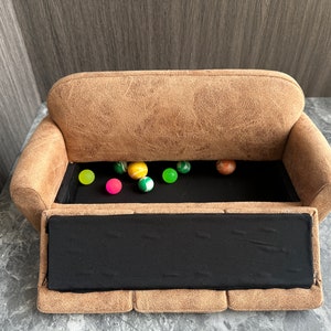 Customizable 1:6 scale dollhouse miniature storage sofa, Handcrafted doll furniture, Hidden three-seat storage couch, Handmade gift for her