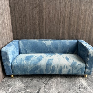 Dollhouse 1:6 scale Vintage blue denim miniature sofa, Handmade Furniture, Jeans miniature couch ,Doll sofa with dust cover, Gift for doll