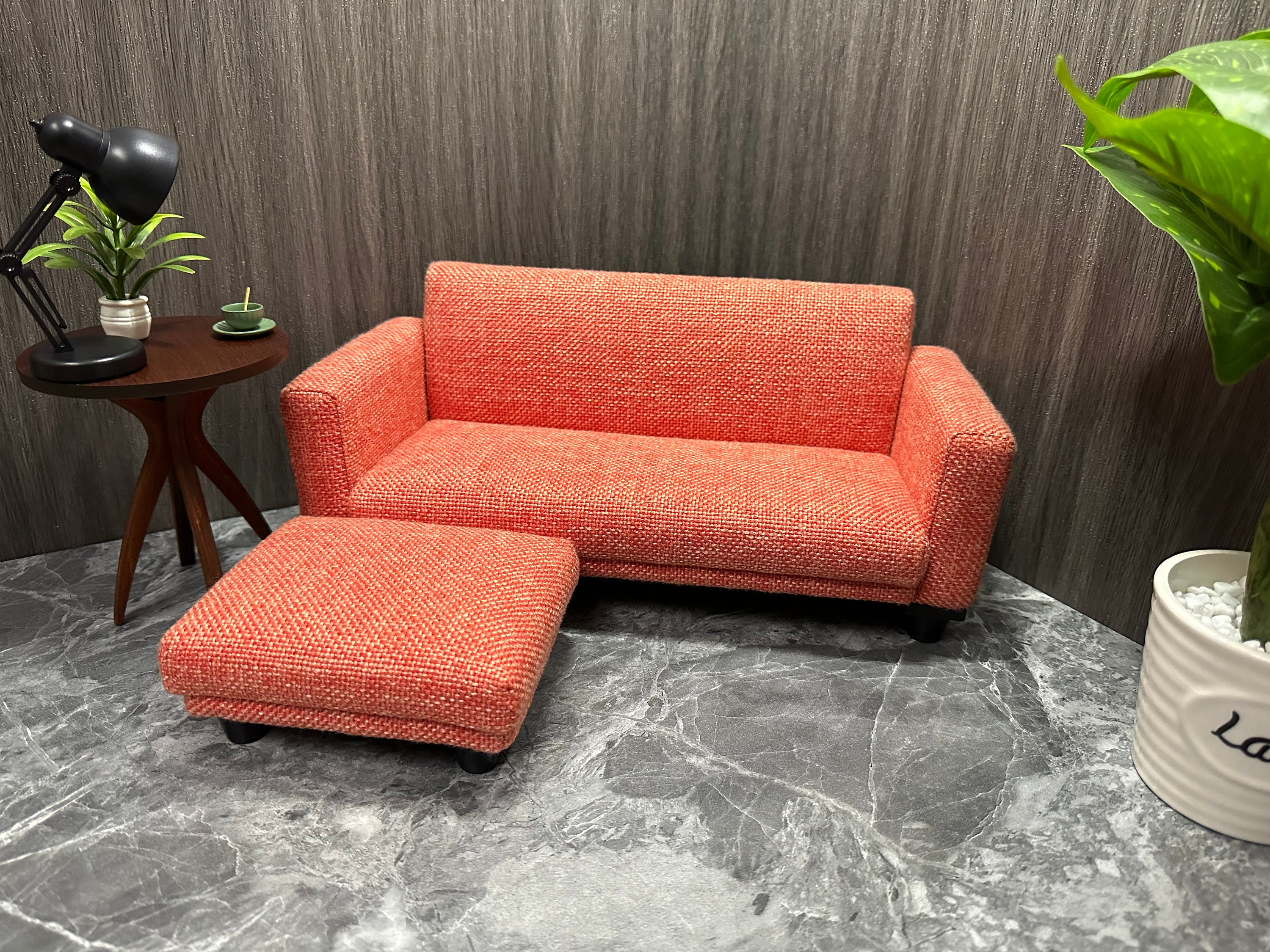 Dollhouse 1:6 1/12 scale Miniature couch with ottoman, Handmade Orange burlap mini sofa, Minimalist sofa footstool combination, Gift for her