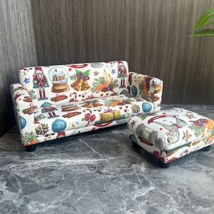 Dollhouse 1:6 1/12 scale Miniature couch with ottoman, Christmas pattern cotton fabric mini sofa, Handmade Christmas Gifts, Doll furniture
