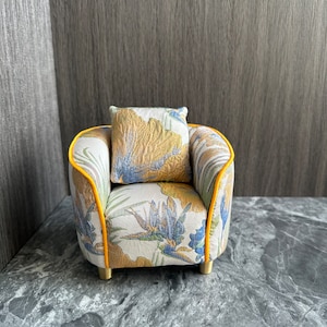 Minimalist couch, 1:6 Miniature sofa, Mini Linen sofa chair, Dollhouse sofa, Printed linen single seat sofa, Gift for her, Doll Furniture