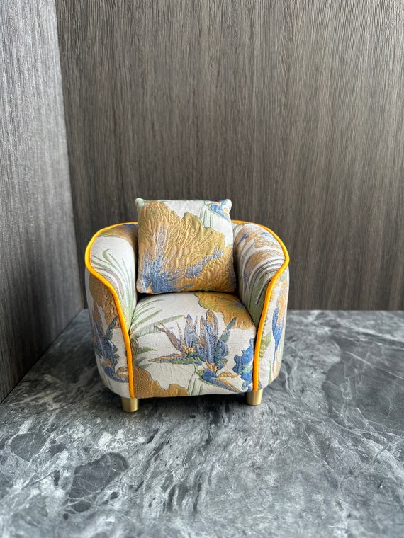 Miniature Printed Linen Sofa, 1:6 Scale Dollhouse Furniture
