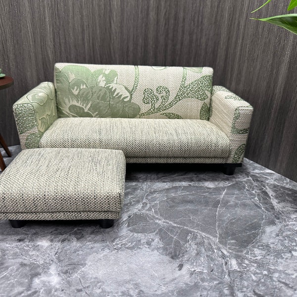 Dollhouse 1:6 1/12 scale Miniature couch with ottoman, Light green printed burlap small sofa, Minimalist sofa & footstool, Gift for her