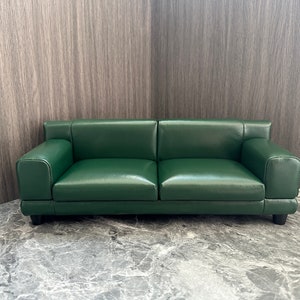 1:6 Scale Dark Green Leather Miniature Sofa for 12-inch Dolls, Customizable Handmade Cowhide Miniature Couch, Doll Furniture ,Gift for doll