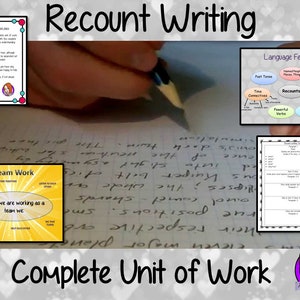 May include: A colourful graphic with the text "Recount Writing" in a white box with a pink and grey background. The graphic also includes a diagram of language features for recount writing, a graphic with the text "Team Work" and a graphic with a table for recount writing.