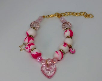 Sweet Pink & White Polymer Bead Bracelet With Lucky Charms