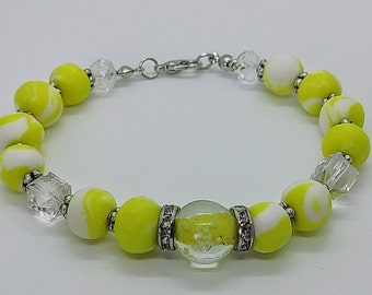 Yellow & White Polymer Bead Bracelet With Glass Centrepiece