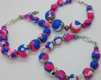 Bright Blue & White And Pink Polymer Clay Bracelet